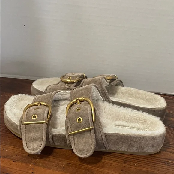 Veronica Beard Prue Shearling Lined Ecru Suede slide sandals NWT - Picture 6 of 10